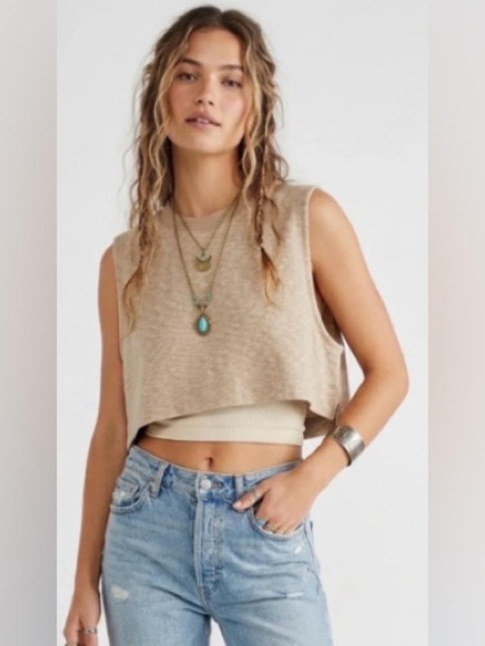 Free People Beach Cropped Button-Down Back Tank in Oatmeal